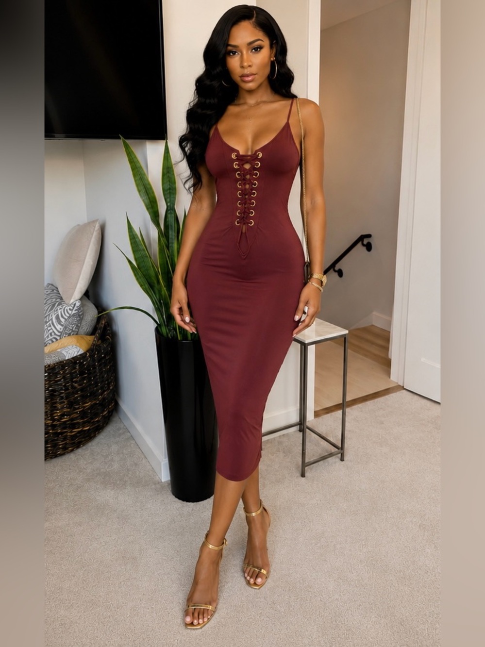 Spaghetti Strap Lace-Up Midi Dress in Wine